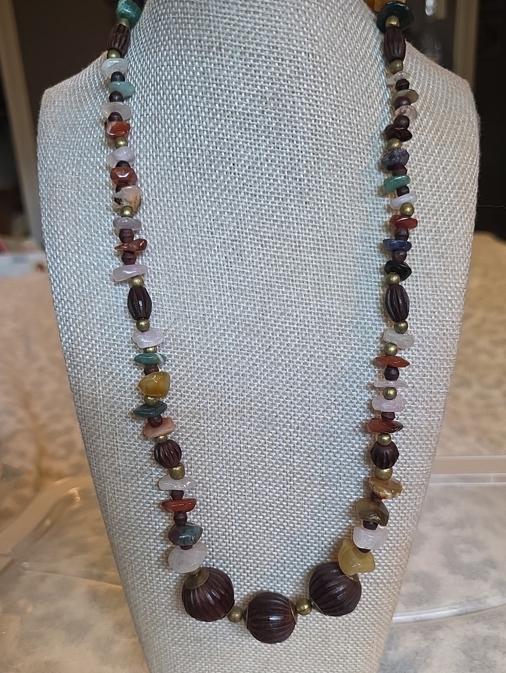 Vintage Artisanal Earthy Mixed Gemstone, Wood & Brass Beaded Necklace 22in